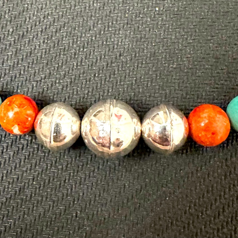 Hand Crafted “One of a Kind” Turquoise, Apple Coral & Sterling Silver Choker - Picture 2 of 3